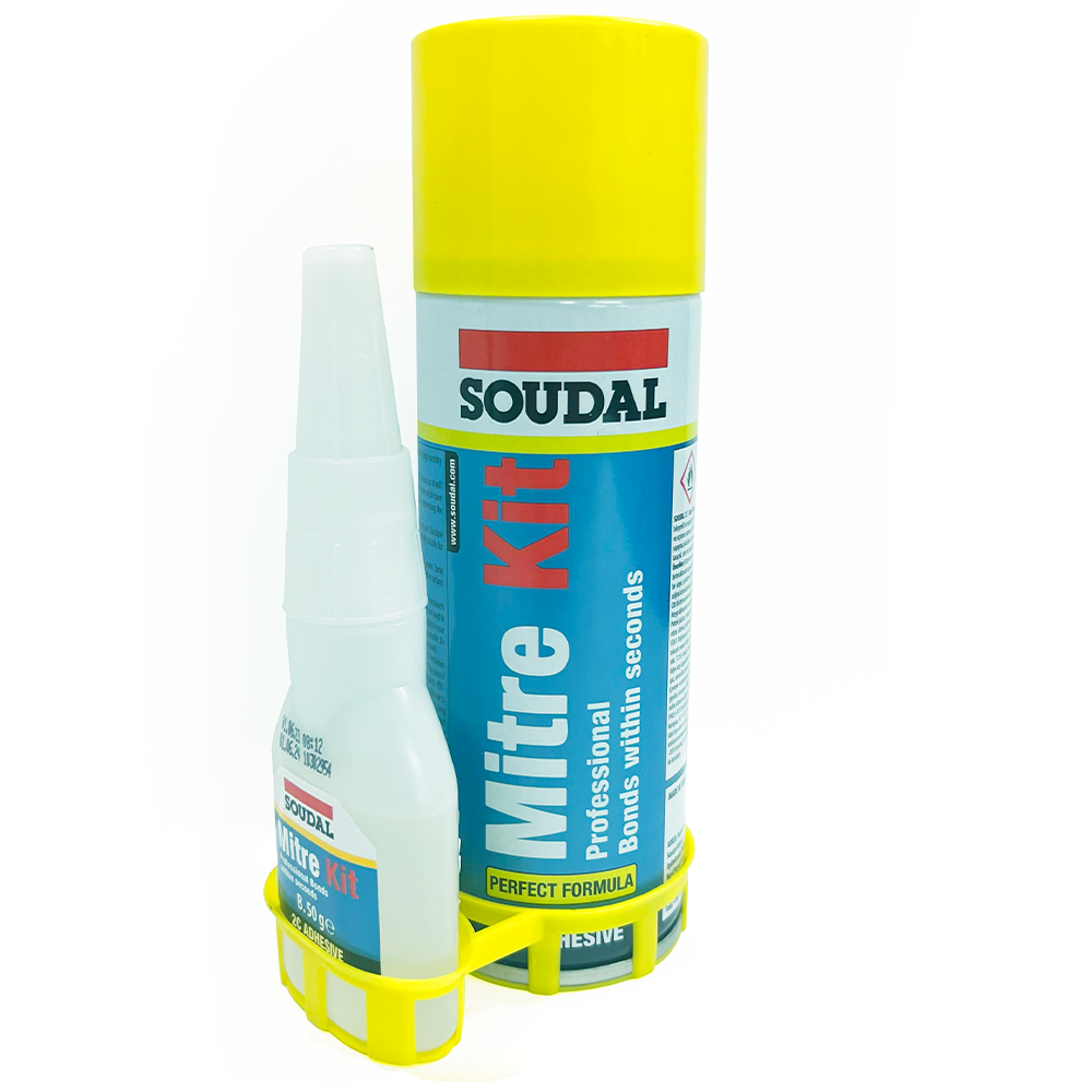 Soudal 2C Adhesive Mitre Kit containing clear super glue and aerosol activator spray
