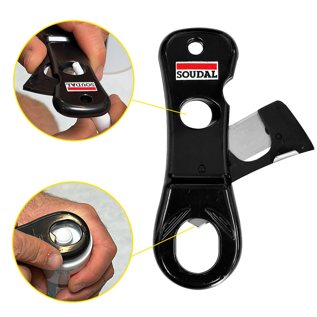 Detailed view showing the dual function of the Soudal cartridge and nozzle cutter