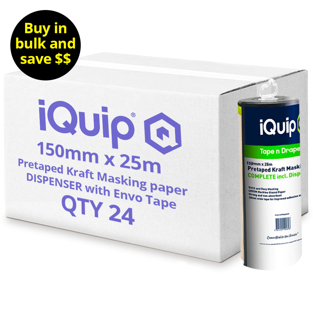 Wholesale box of 24 iQuip Envo pretaped kraft masking paper dispensers 150mm x 25m