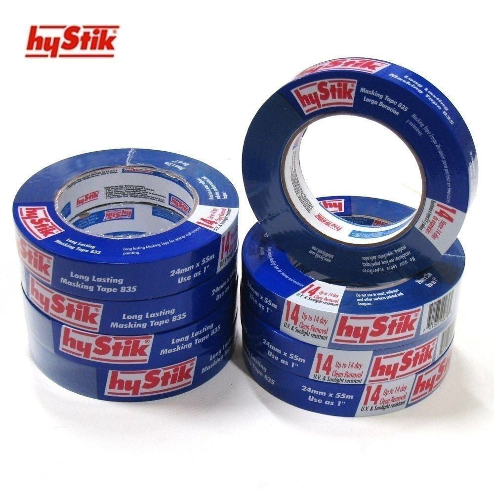 Professional stack of 24mm Hystik 835 blue masking tape rolls with 14-day clean removal