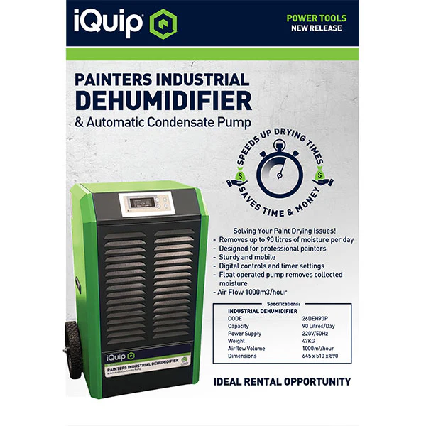 iQuip 90L Painters Industrial Dehumidifier infographic with automatic condensate pump details