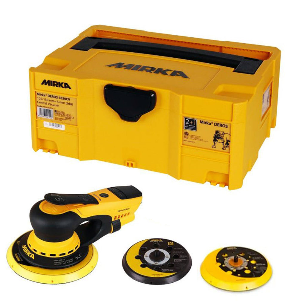 Mirka DEROS II kit featuring interchangeable 125mm and 150mm backing pads for versatility