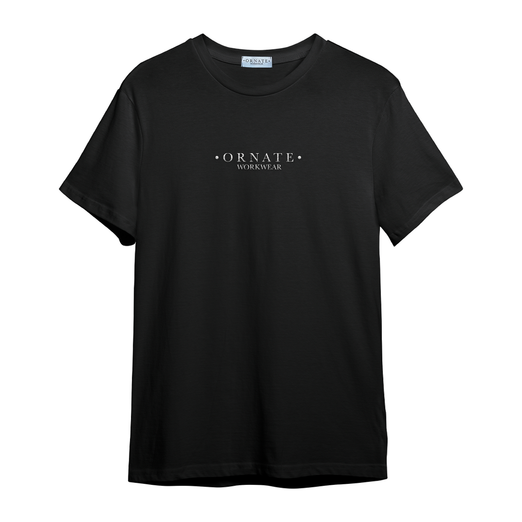 Ornate Black T-shirt with Beige Embroidered Logo