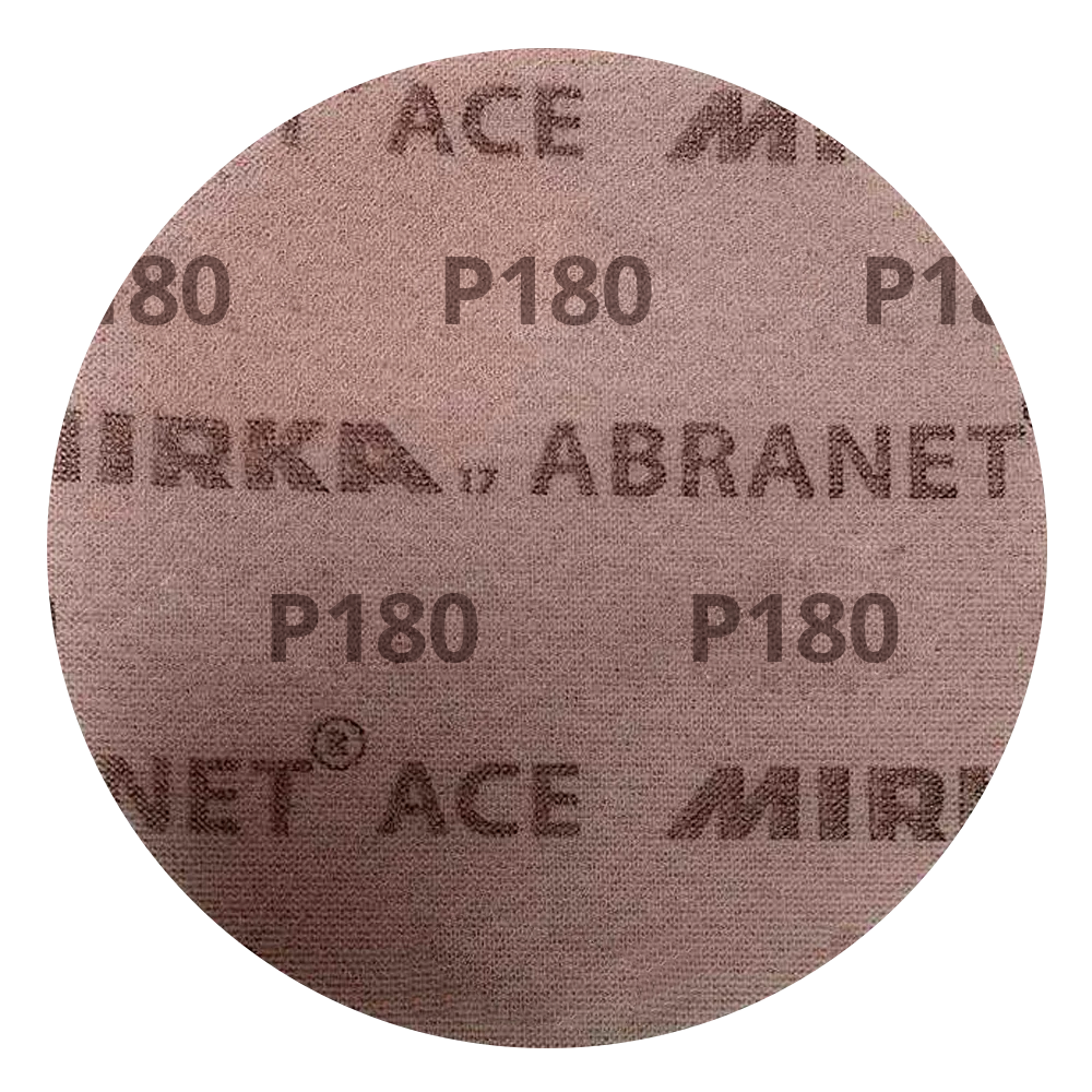 Close-up of the Mirka Abranet Ace P180 grit ceramic net abrasive surface