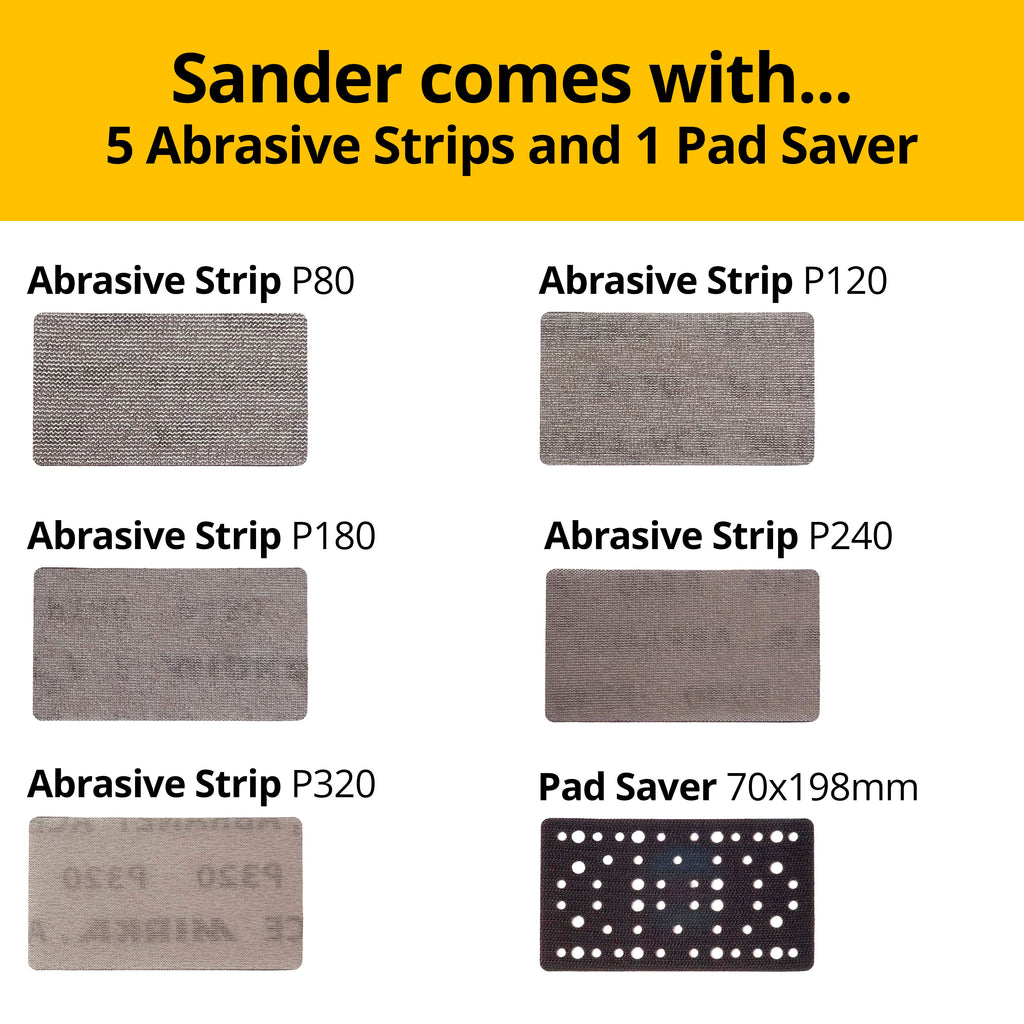 Kit includes 5 Mirka net abrasive strips and one 70x198mm pad saver