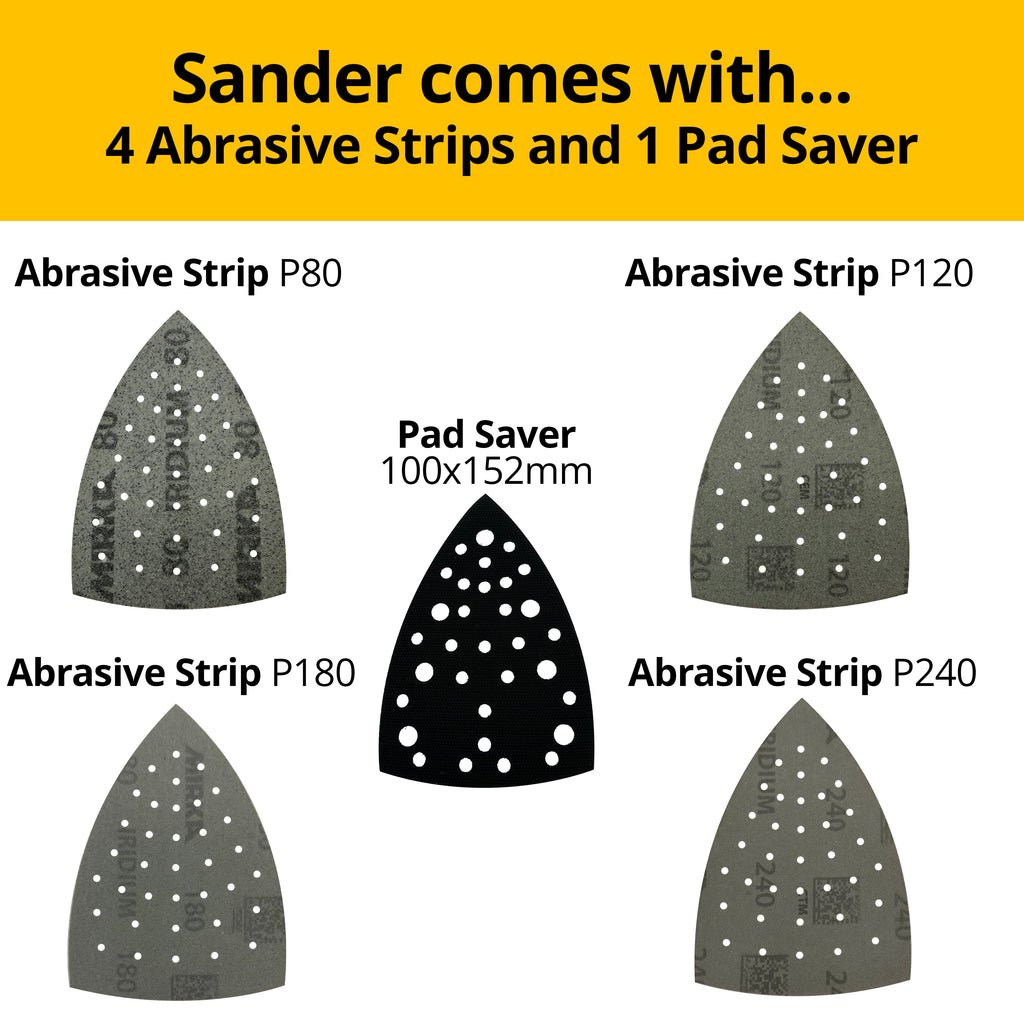 Mirka DEOS II Delta set with 4 triangular Abranet strips and a 100x152mm pad saver