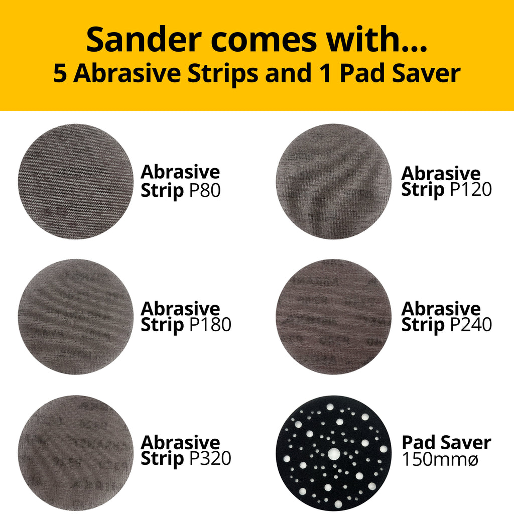 Mirka Abranet abrasive strips from P80 to P320 and 150mm pad saver for DEROS sander