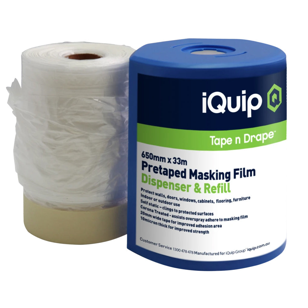 iQuip Tape n Drape 650mm x 33m pre-taped film with blue dispenser for paint prep
